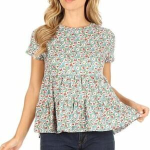 Vibe Apparel Sage Floral Short Sleeve Peplum Tiered Babydoll Blouse
